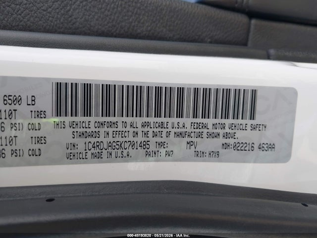 1C4RDJAG5KC701485 Dodge Durango Sxt Awd