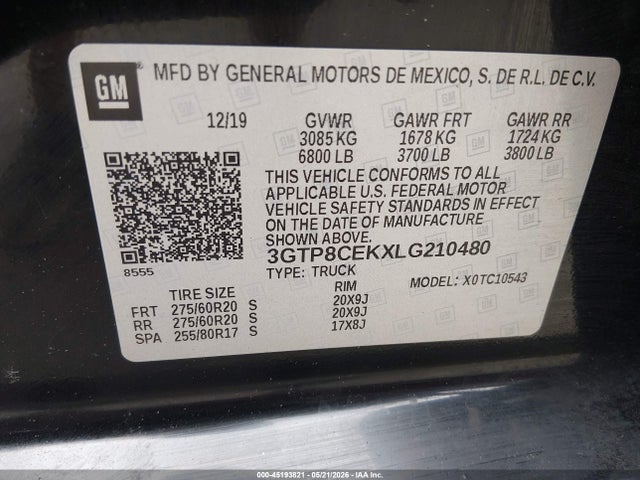 Продаж на аукціоні авто 2020 Gmc Sierra 1500 2wd  Short Box Elevation, vin: 3GTP8CEKXLG210480, номер лоту: 45193821