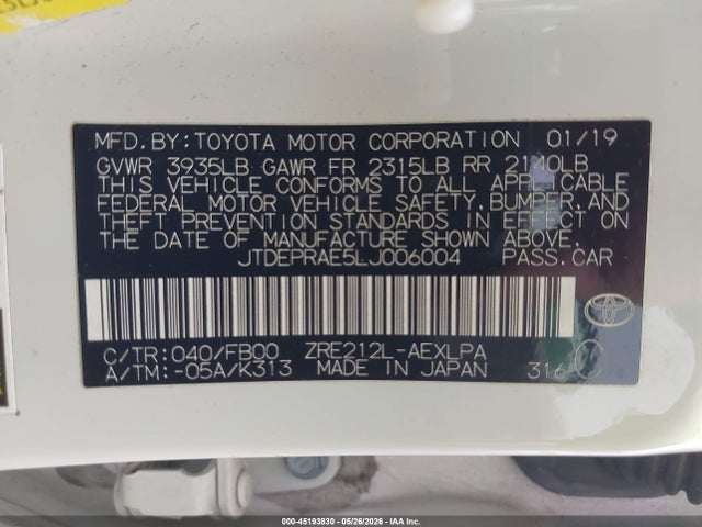 45193830 :رقم المزاد ، JTDEPRAE5LJ006004 vin ، 2020 Toyota Corolla Le مزاد بيع