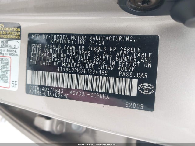 Продажа на аукционе авто 2004 Toyota Camry Le, vin: 4T1BE32K34U894189, номер лота: 45193831