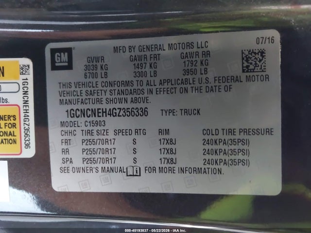Aukcja sprzedaży 2016 Chevrolet Silverado 1500 Wt, vin: 1GCNCNEH4GZ356336, numer aukcji: 45193837