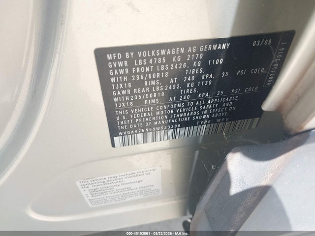 Aukcja sprzedaży 2009 Volkswagen Tiguan Sel, vin: WVGAV75N59W533289, numer aukcji: 45193861