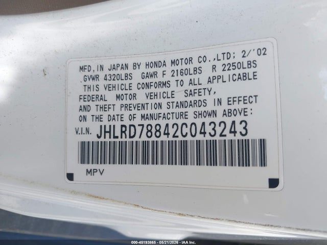 2002 Honda Cr-v Ex მანქანა იყიდება აუქციონზე, vin: JHLRD78842C043243, აუქციონის ნომერი: 45193865