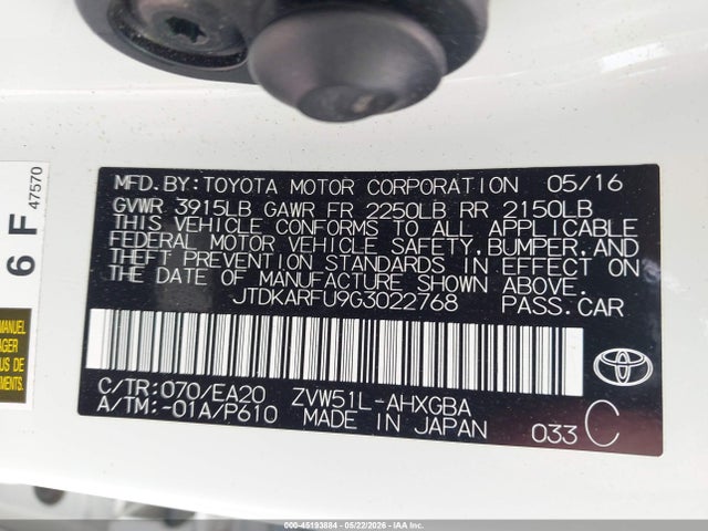 Aukcja sprzedaży 2016 Toyota Prius Four, vin: JTDKARFU9G3022768, numer aukcji: 45193884