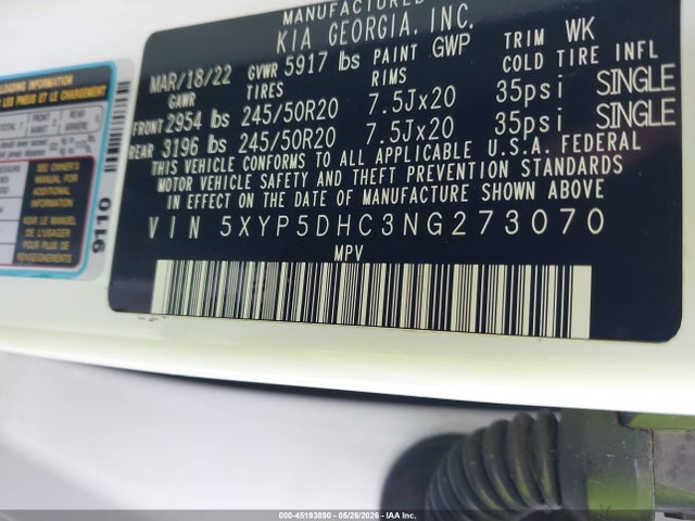 Aukcja sprzedaży 2022 Kia Telluride Sx, vin: 5XYP5DHC3NG273070, numer aukcji: 45193890