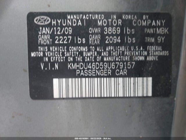 Продажа на аукционе авто 2009 Hyundai Elantra Se, vin: KMHDU46D59U679157, номер лота: 45193891