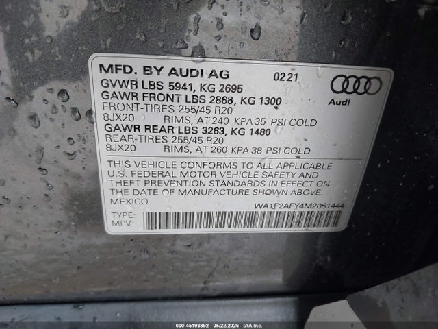 Продажа на аукционе авто 2021 Audi Q5 Prestige 55 Tfsi E Quattro S Tronic, vin: WA1F2AFY4M2061444, номер лота: 45193892