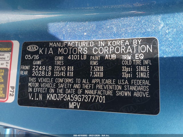 45193893 :رقم المزاد ، KNDJP3A59G7377701 vin ، 2016 Kia Soul + مزاد بيع