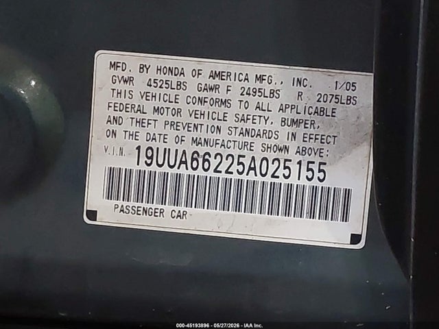 Aukcja sprzedaży 2005 Acura Tl, vin: 19UUA66225A025155, numer aukcji: 45193896