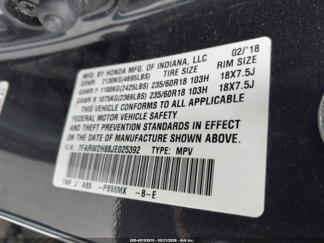 Aukcja sprzedaży 2018 Honda Cr-v Ex-l/ex-l Navi, vin: 7FARW2H88JE025392, numer aukcji: 45193910