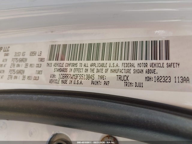Aukcja sprzedaży 2015 Ram 1500 Laramie Longhorn, vin: 1C6RR7WM3FS513845, numer aukcji: 45193911