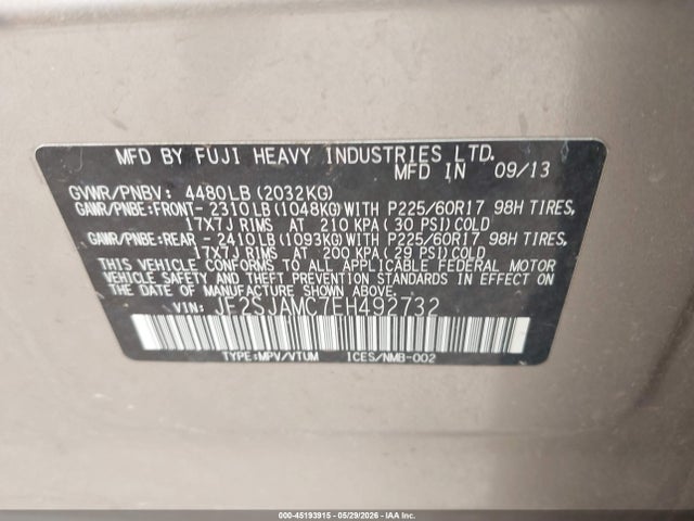 45193915 :رقم المزاد ، JF2SJAMC7EH492732 vin ، 2014 Subaru Forester 2.5i Touring مزاد بيع