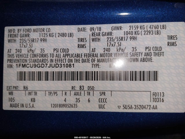 45193917 :رقم المزاد ، 1FMCU9GD7JUD31081 vin ، 2018 Ford Escape Se مزاد بيع