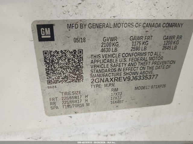 Aukcja sprzedaży 2018 Chevrolet Equinox Ls, vin: 2GNAXREV9J6335377, numer aukcji: 45193918