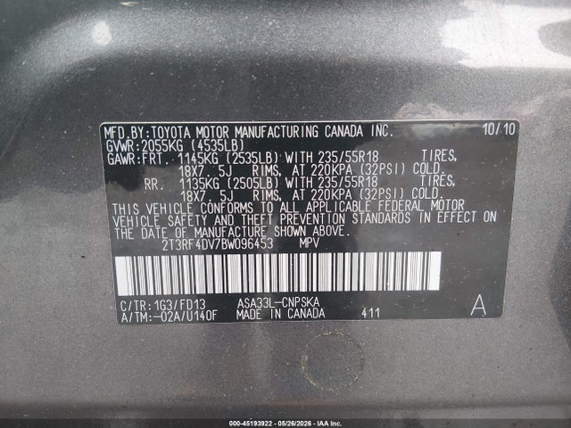 Aukcja sprzedaży 2011 Toyota Rav4 Sport, vin: 2T3RF4DV7BW096453, numer aukcji: 45193922