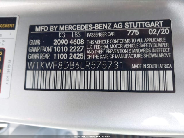 Aukcja sprzedaży 2020 Mercedes-benz C 300, vin: W1KWF8DB6LR575731, numer aukcji: 45193923
