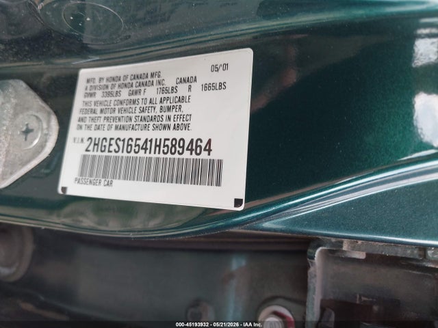 45193932 :رقم المزاد ، 2HGES16541H589464 vin ، 2001 Honda Civic Lx مزاد بيع
