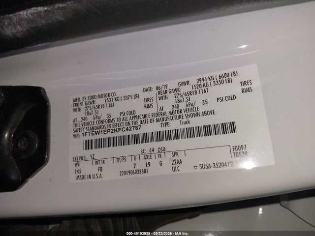 Aukcja sprzedaży 2019 Ford F-150 Xlt, vin: 1FTEW1EP2KFC42787, numer aukcji: 45193935