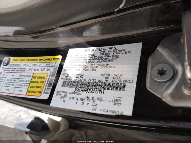 Продаж на аукціоні авто 2020 Ford Fusion Se, vin: 3FA6P0HD3LR247911, номер лоту: 45193942