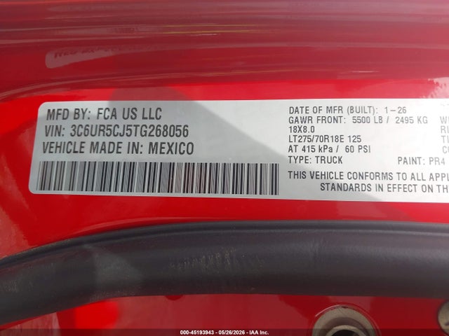 Aukcja sprzedaży 2026 Ram 2500 Tradesman  4x4 6'4 Box, vin: 3C6UR5CJ5TG268056, numer aukcji: 45193943