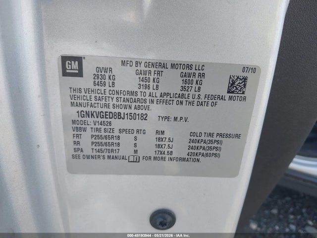 45193944 :رقم المزاد ، 1GNKVGED8BJ150182 vin ، 2011 Chevrolet Traverse 1lt مزاد بيع