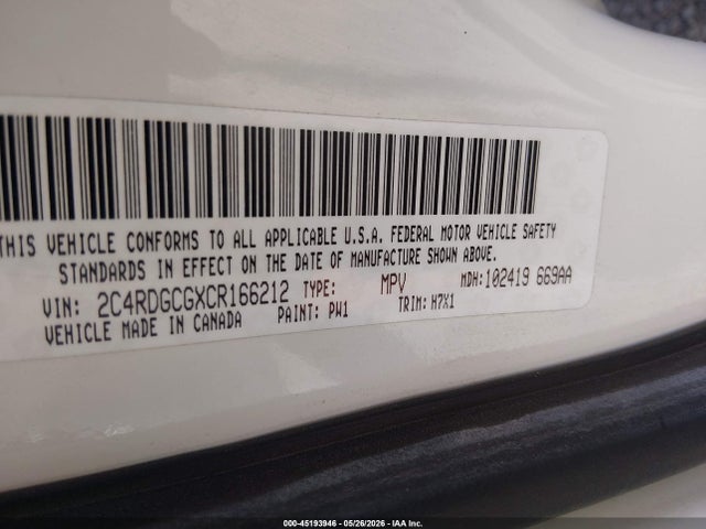 45193946 :رقم المزاد ، 2C4RDGCGXCR166212 vin ، 2012 Dodge Grand Caravan Sxt مزاد بيع