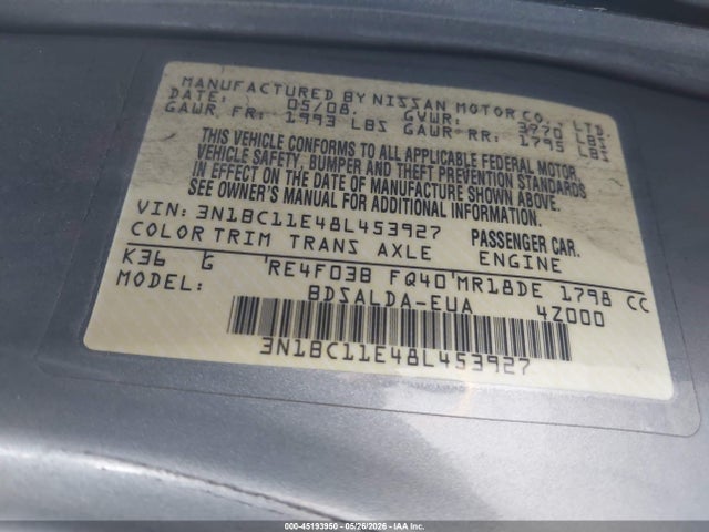 Aukcja sprzedaży 2008 Nissan Versa 1.8s, vin: 3N1BC11E48L453927, numer aukcji: 45193950