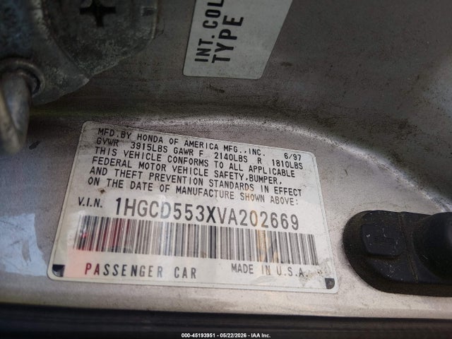 Продаж на аукціоні авто 1997 Honda Accord Lx, vin: 1HGCD553XVA202669, номер лоту: 45193951