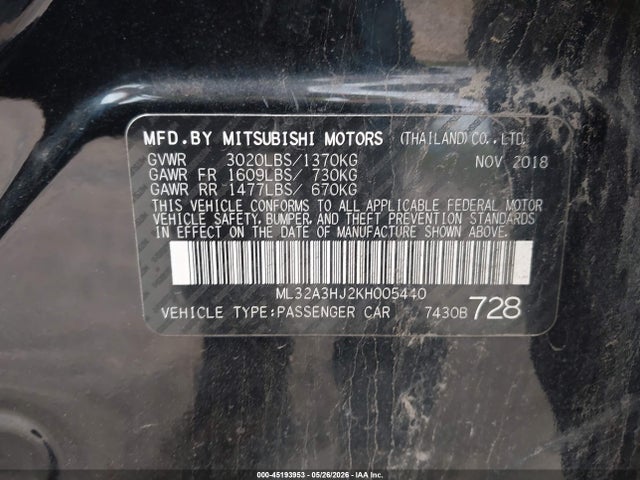 45193953 :رقم المزاد ، ML32A3HJ2KH005440 vin ، 2019 Mitsubishi Mirage Es مزاد بيع