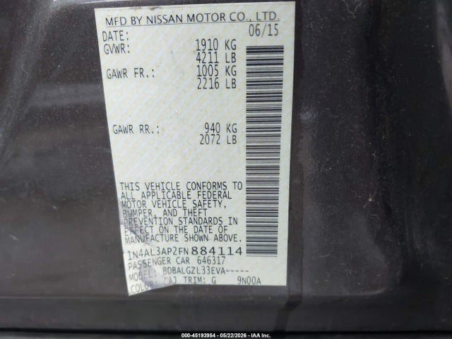 Продажа на аукционе авто 2015 Nissan Altima 2.5/2.5 S/2.5 Sl/2.5 Sv, vin: 1N4AL3AP2FN884114, номер лота: 45193954