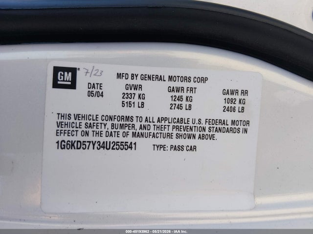 Aukcja sprzedaży 2004 Cadillac Deville Standard, vin: 1G6KD57Y34U255541, numer aukcji: 45193962