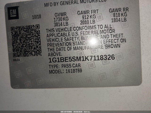 Продаж на аукціоні авто 2019 Chevrolet Cruze Lt, vin: 1G1BE5SM1K7118326, номер лоту: 45193968