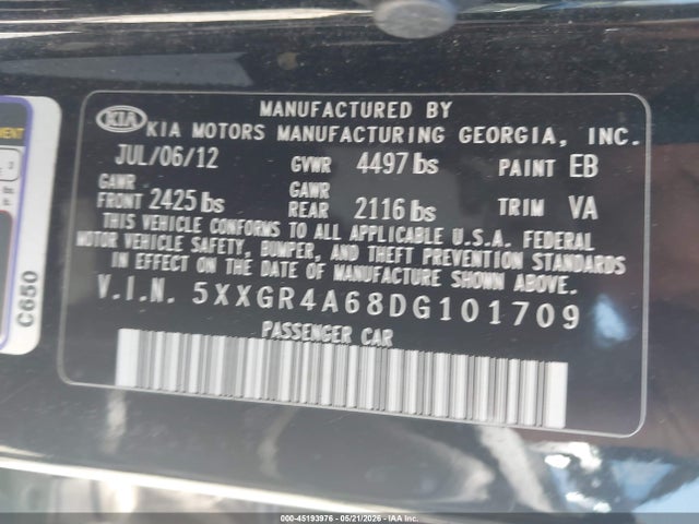 45193976 :رقم المزاد ، 5XXGR4A68DG101709 vin ، 2013 Kia Optima Sx مزاد بيع