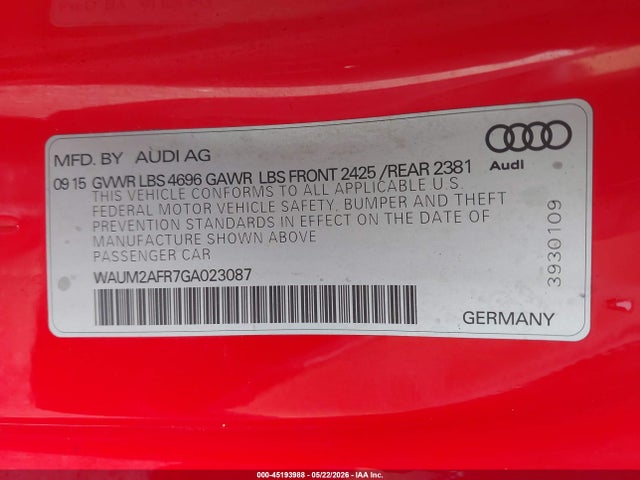 Aukcja sprzedaży 2016 Audi A5 2.0t Premium, vin: WAUM2AFR7GA023087, numer aukcji: 45193988