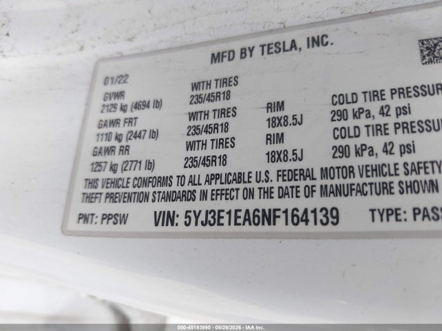 Tesla Model 3 Rear-wheel Drive 2022 5YJ3E1EA6NF164139 Image 9