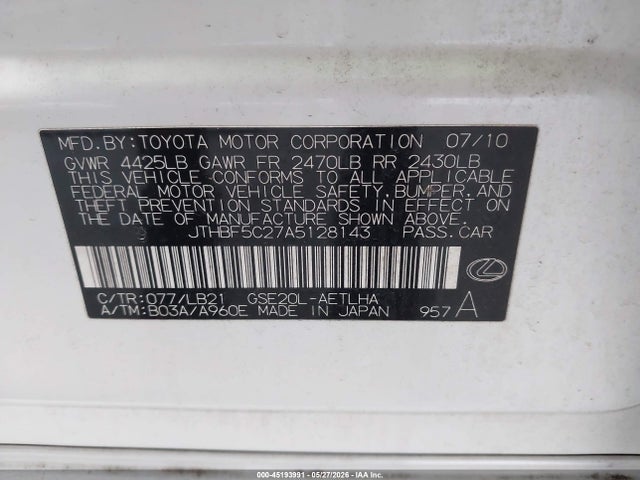 45193991 :رقم المزاد ، JTHBF5C27A5128143 vin ، 2010 Lexus Is 250 مزاد بيع