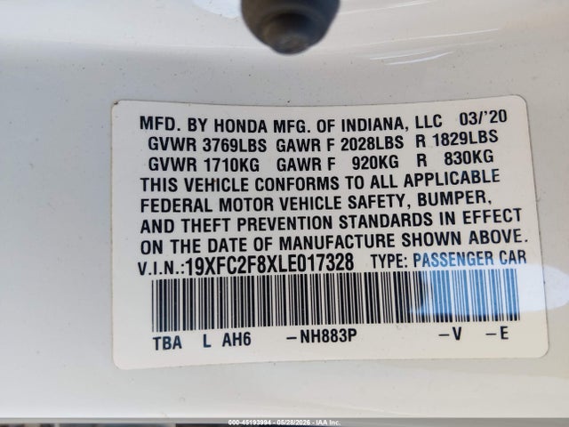 Aukcja sprzedaży 2020 Honda Civic Sport, vin: 19XFC2F8XLE017328, numer aukcji: 45193994