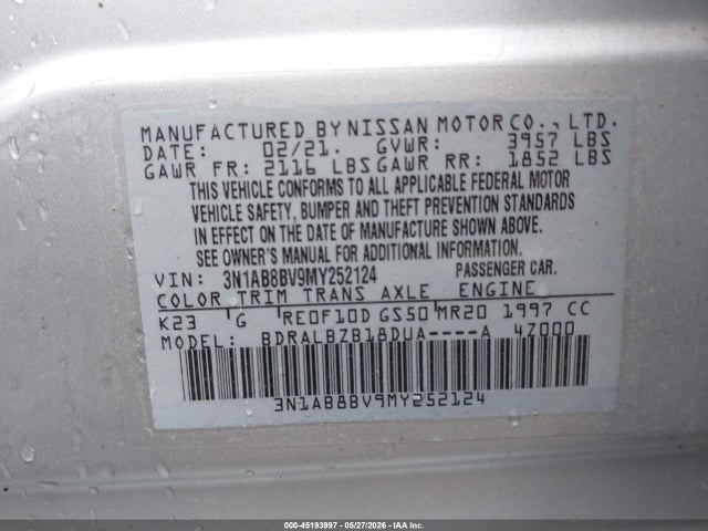 2021 Nissan Sentra S Xtronic Cvt მანქანა იყიდება აუქციონზე, vin: 3N1AB8BV9MY252124, აუქციონის ნომერი: 45193997