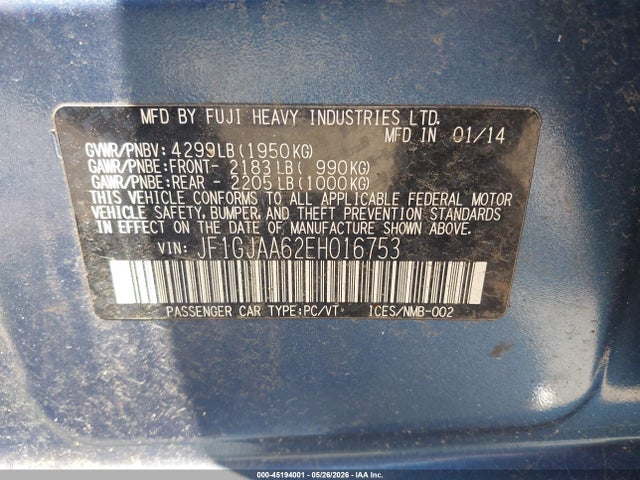 Aukcja sprzedaży 2014 Subaru Impreza 2.0i, vin: JF1GJAA62EH016753, numer aukcji: 45194001