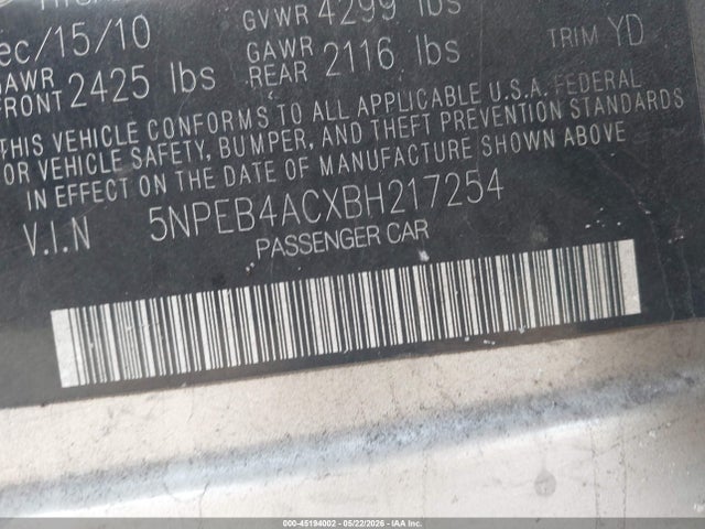 45194002 :رقم المزاد ، 5NPEB4ACXBH217254 vin ، 2011 Hyundai Sonata Gls مزاد بيع