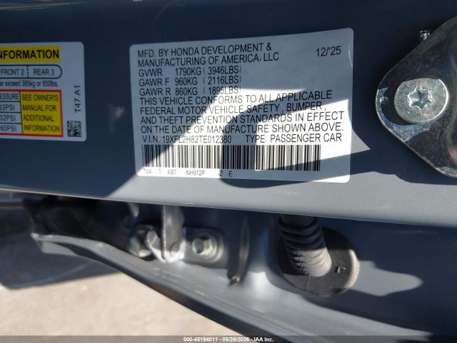 Продаж на аукціоні авто 2026 Honda Civic Sport, vin: 19XFL2H82TE012380, номер лоту: 45194011