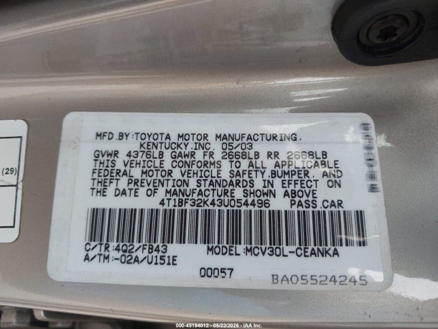 2003 Toyota Camry Le V6 მანქანა იყიდება აუქციონზე, vin: 4T1BF32K43U054496, აუქციონის ნომერი: 45194012