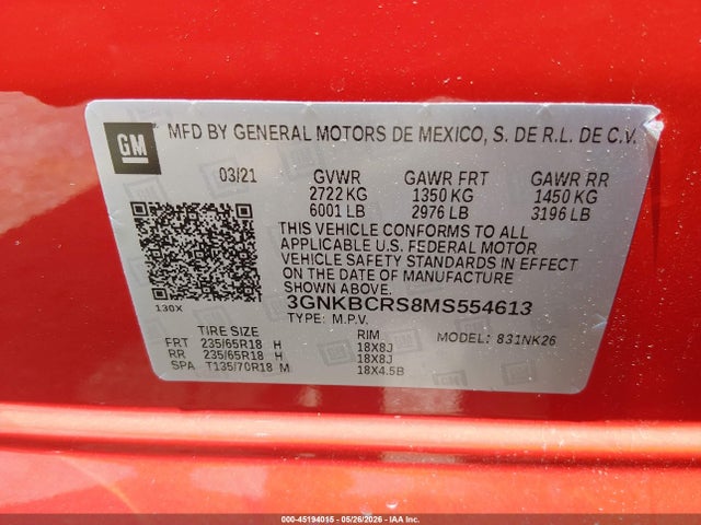 3GNKBCRS8MS554613 Chevrolet Blazer Fwd 2lt
