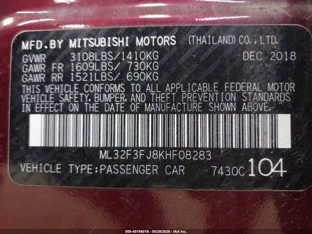 Продаж на аукціоні авто 2019 Mitsubishi Mirage G4 Es, vin: ML32F3FJ8KHF08283, номер лоту: 45194016
