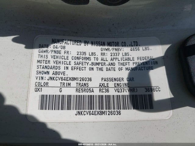 45194018 :رقم المزاد ، JNKCV64EX8M126036 vin ، 2008 Infiniti G37 Journey مزاد بيع