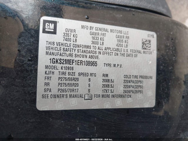 45194021 :رقم المزاد ، 1GKS2MEF1ER108965 vin ، 2014 Gmc Yukon Xl 1500 Denali مزاد بيع