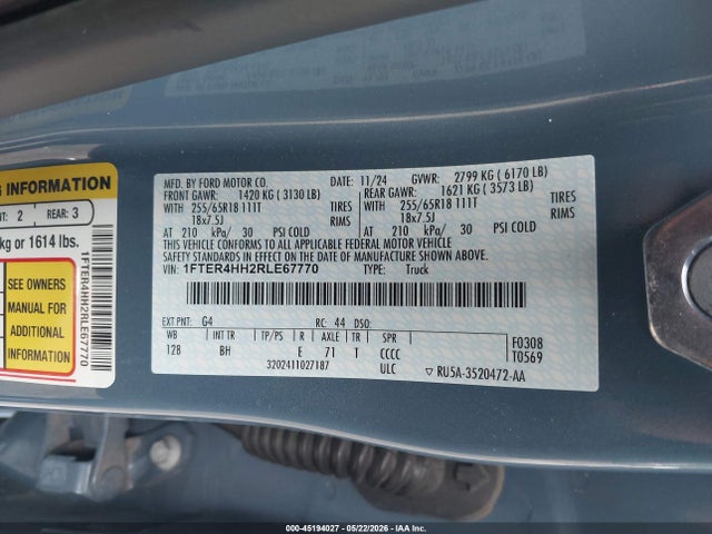 Aukcja sprzedaży 2024 Ford Ranger Xlt, vin: 1FTER4HH2RLE67770, numer aukcji: 45194027