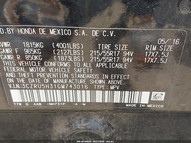 Aukcja sprzedaży 2016 Honda Hr-v Lx, vin: 3CZRU5H31GM743016, numer aukcji: 45194029