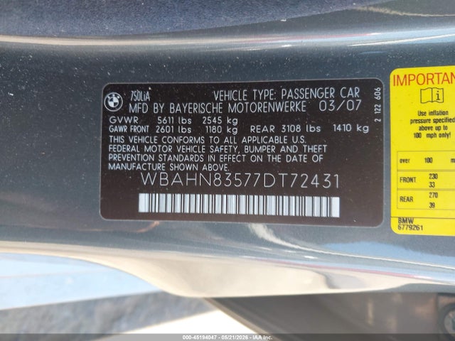 Aukcja sprzedaży 2007 Bmw 750li, vin: WBAHN83577DT72431, numer aukcji: 45194047