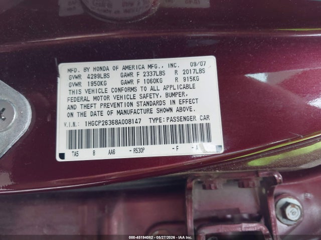 Продаж на аукціоні авто 2008 Honda Accord 2.4 Lx, vin: 1HGCP26368A008147, номер лоту: 45194082